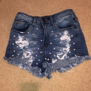 Beaded denim shorts